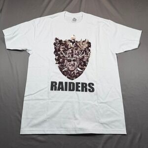 Pro Club Raiders Mens Large White Graphic T-Shirt Collage Shield Streetwear Tee